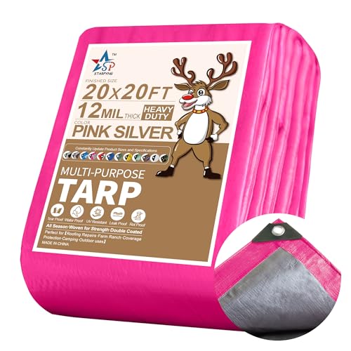 STARPYNG-12 Mil Pink/Silver 20x20 Feet Tarp-Heavy Duty Poly Tarp-Cover,Waterproof, UV Resistant, Weather Resistant, Cover Cars, Boats, Courtyards,Camping