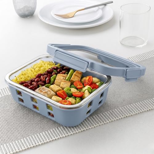Image of Griplok Glass Lunch Box with Leakproof Lid, Borosilicate Food Storage Container with Silicone Sleeve, Airtight, Microwave /Dishwasher Safe (Glacier Blue, 2x370ml + 1x640ml + 1x1050ml)