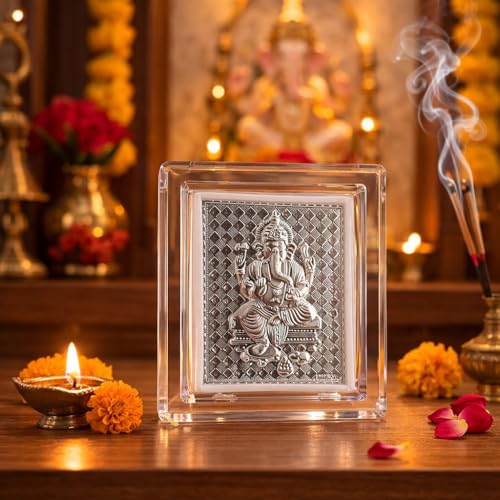 Image of Silver 999 Shri Ganesha Photo Frame for Ganesh Chaturti- 7x6x1 CM | Vinayaka, Vighnaharta, Vighneshwar, Ganpati Idol Unique Frame, Home, Pooja Room, Temple, Office Desk, Car Dashboard, Corporate & Silver Gifting