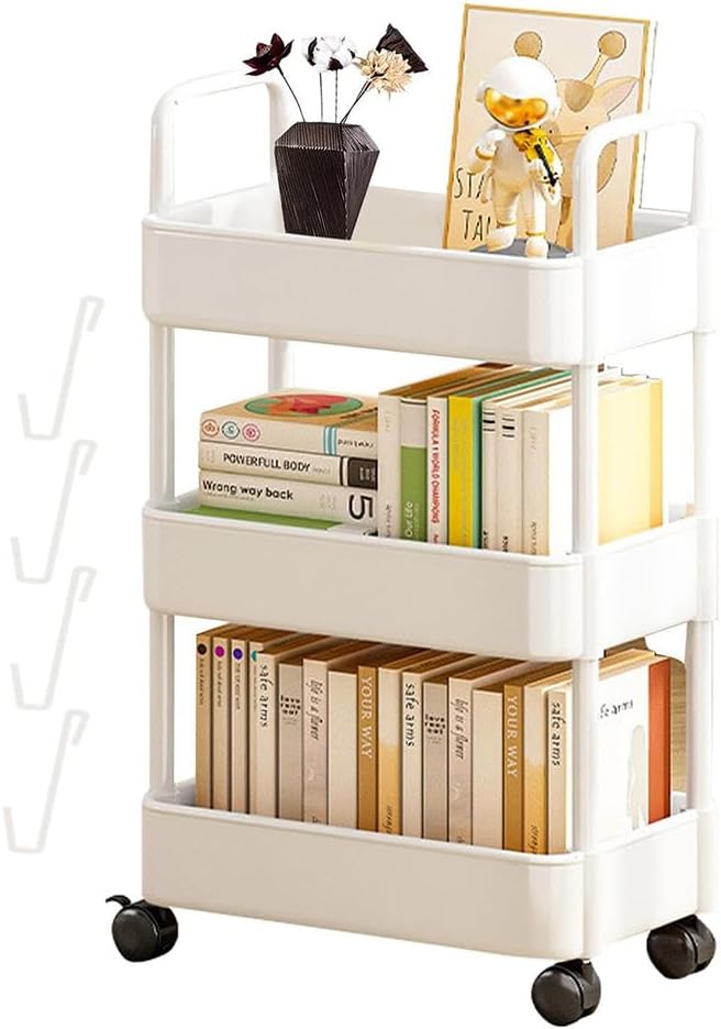 Storage Trolley Rolling Utility Cart Storage Rack On Wheels Rolling Storage Cart Slide Out Shelving Organization Shelf Tight-Space Solution for Kitchen Bathroom Laundry (White,3 Tiers)