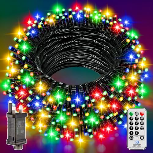 Outdoor Christmas Fairy Lights Coloured - 15M LED Xmas Tree Light Waterproof Mains Powered String Light with Remote for Outside Indoor Garden Halloween Party Decorations