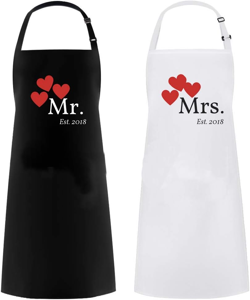 Mr and Mrs Est. 2018 Aprons, Make a Perfect Couples Gift, Bridal Shower Gift, or Engagement Gift, This Kitchen Set has Cute Aprons, Fun Couple Gifts