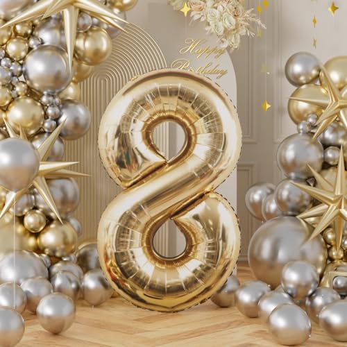 Image of AULE 40 Inch Large 8 Balloon Numbers Light Gold, Big Foil Number Balloons, Giant Helium Happy Birthday Party Decorations for Man and Women, Huge Mylar Anniversary Party Supplies