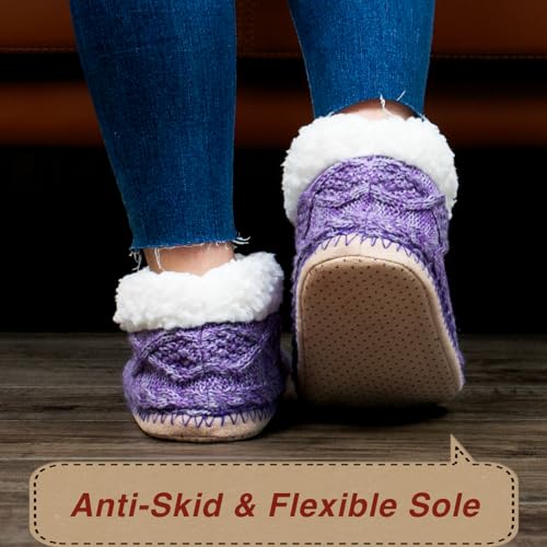 Image of cosyone1997 Cable Knit Slipper Socks for Women Non Slip Soft Sole | Fuzzy sherpa lining, gripper dots, flexible bootie coverage and machine washable care for warm, comfortable indoor wear