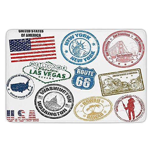 BagsPillow Bathroom Bath Rug Kitchen Floor Mat Carpet,United States,Grunge Stamps of America Las Vegas New York San Francisco Hawaii Illustration, Flannel Microfiber Non-Slip Soft Absorbent