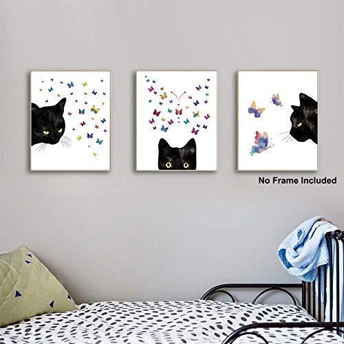 Kairne Black Cat With Colorful Butterfly Art Print,Set Of 3(8”X10”) Watercolor Animals Canvas Kitten Poster Rainbow Cat Painting,Modern Wall Art,Cat Gifts For Women,Girls Bedroom,House Decor. #TOP1
