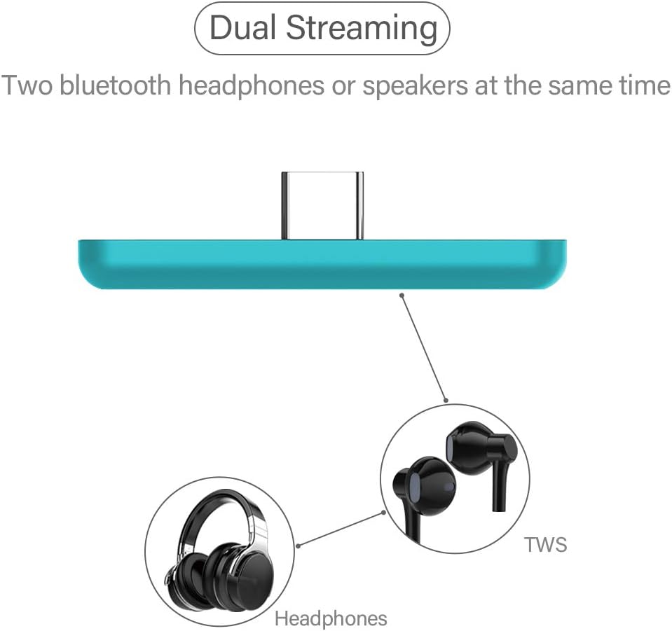 Bluetooth Adapter for Nintendo Switch & Lite,USB-C Wireless Audio Transmitter Connector with All Bluetooh Compatible with PS4/PC and Support 2 Headphones/Speakers (Turquoise)