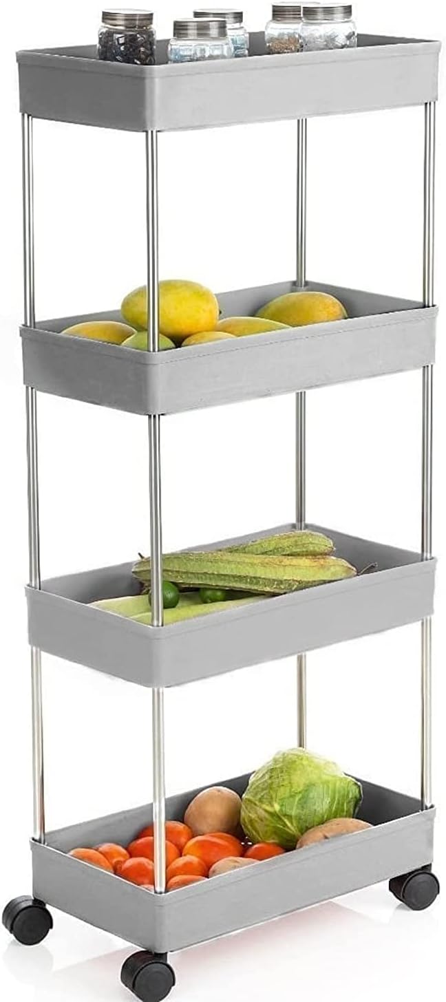 AVZEEGO Plastic-Stainless Steel Fruit & Vegetable 4 Stand Kitchen Trolley | Fruit Basket | Vegetable Basket | Onion Potato Rack for Kitchen | Vegetable Stand for Kitchen (Tiered Shelf) (4xl, grey)
