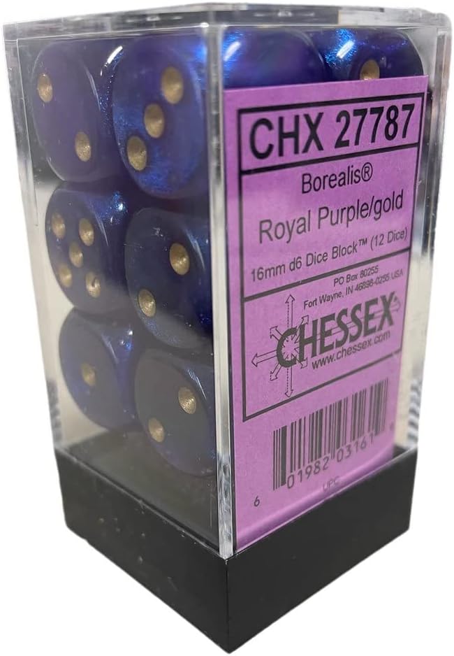 Chessex Borealis 16mm d6 Royal Purple/Gold Luminary Dice Block (12 dice) (27787)