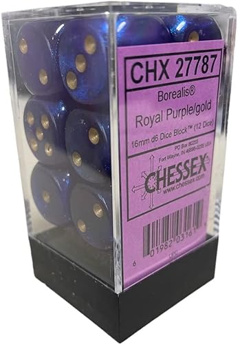 Chessex Borealis 27787 - Bloque de dados luminarios d6 de 0.630 in  morado real  dorado (12 dados)