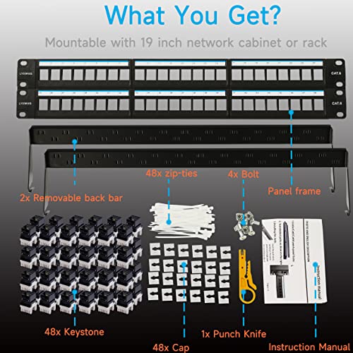 Conectores Ethernet Patch Panel Cat6 48 puertos para rack de red con guía de cables trasera 7