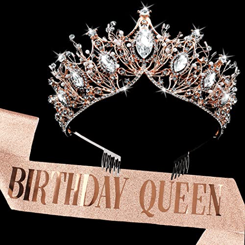 COCIDE Birthday Queen Sash & Crystal Tiara Set Birthday Rose Gold Tiara and Crowns for Women Birthday Sash for Girls Birthday Decorations Set Rhinestone Headband Hair Accessories Glitter Sashes for Party