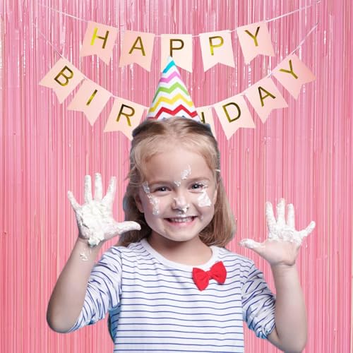 Image of 4 Pack Macaron Pink Foil Fringe Curtains, 13.2x6.6ft Streamers Backdrop for Girls Princess Birthday, Easter, Bachelorette, Bridal Shower, Wedding, Baby Shower| Pastel Pink Streamers Party Decorations