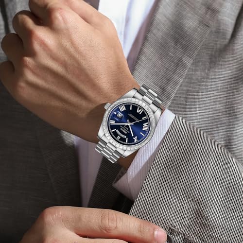 Image of NIBOSI Watches for Men Analog Quartz Diamond Bezel Stainless Steel Dial Rose Gold Silver Mens Watch Waterproof Business Classic Dress Wrist Watch with Day Date