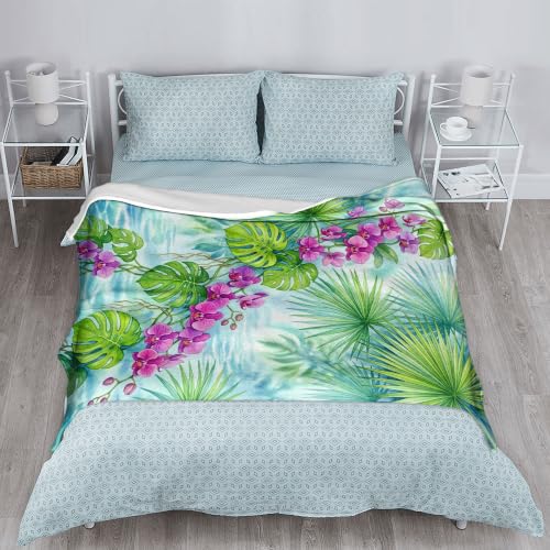 Plaid orchidée et palmier 150x200 cm | Couverture canapé vert d'été légère