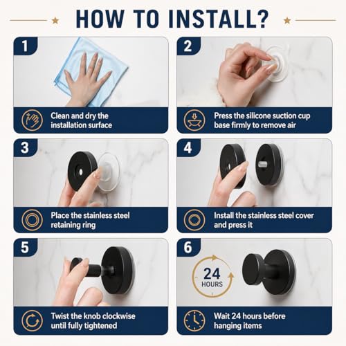 Image of KORCCI Suction Cup Hooks 4 Pack, 15 LB Bathroom Towel Hooks, 304 Stainless Steel No Drilling Hooks for Towels, Robes & Loofah, Waterproof Shower Hooks for Glass, Mirror, Tile, Black