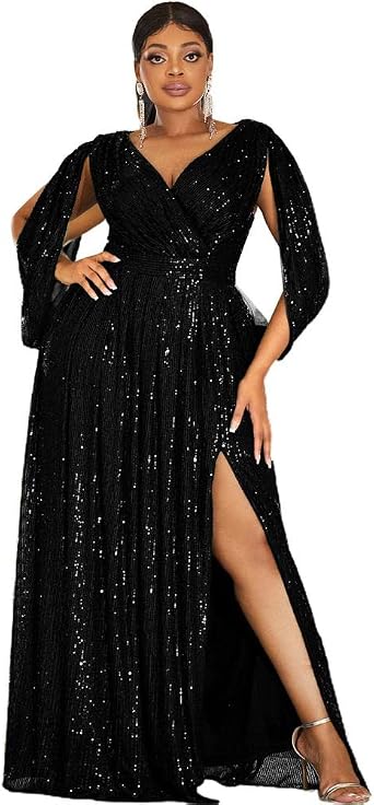 Womens Plus Size Flare Sleeve V Neck Side Split Sequin Formal Prom Dress