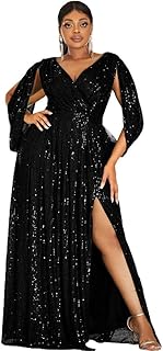 Women's Plus Size Flare Sleeve V Neck Side Split Sequin Formal Prom Dress - Buy now