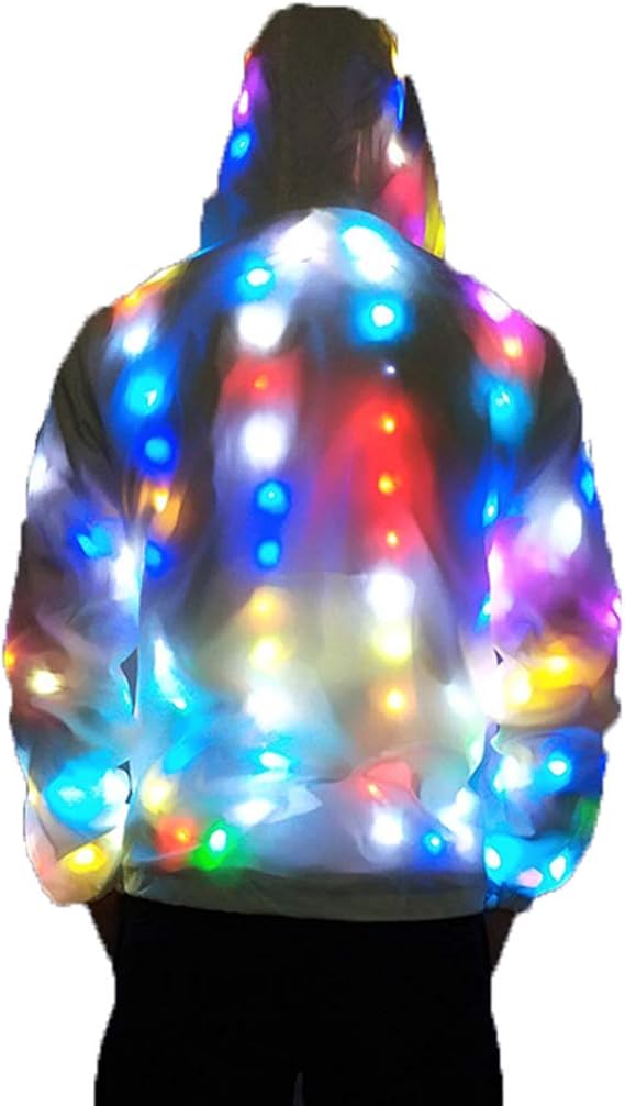 RHG Unisex LED Glowing Jacket Luminous Hooded Novelty Lighting Coat, White, Powered