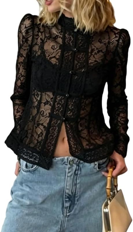 Women Lace Blouse Vintage Stand Collar Button Down Long Sleeve Slim Fit Shirts Elegant Sexy See Through Shirts