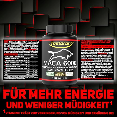 MACA Kapseln hochdosiert + extra stark - 120 Kapseln, Maca Pulver Extrakt, Tribulus terrestris, Pinienrinde, natürliches Vitamin C, Selen, Zink trägt zum Erhalt eines normalen TESTOSTERON SPIEGELS bei