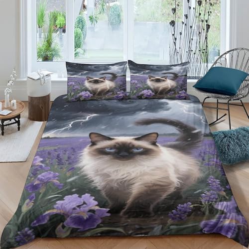 Gato balinés Juego De Funda De Edredón para Niños Y Niñas, Juego De Ropa De Cama para Jóvenes, Fundas Nórdicas, Fundas De Almohada Double（200x200cm）