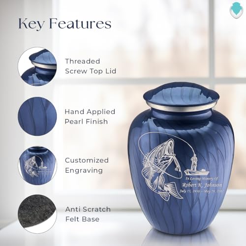 Geturns Embrace Adult Personalized Fishing Cremation Urns for Human Ashes I Large Pearl Cobalt Blue Funeral Urn for Men and Women I 200 lbs