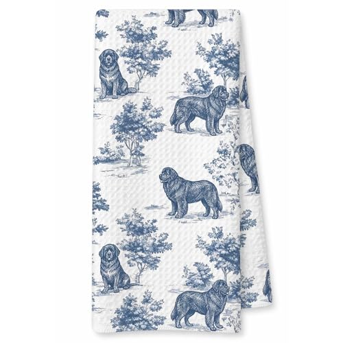 XYMHQ Blue and White Chinoiserie Newfoundland Gift Hand Towels for Bathroom Kitchen, Newfoundland Gifts for Women, Vintage Toile De Jouy Dog Kitchen Dish Tea Towels, 16X24 Inch