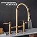 Brushed Bronze Bridge Kitchen Faucet with Pull Down Sprayer, Lava Odoro Transitional Bronze Gold Kitchen Sink Faucet 3 Hole 2 Handle Antique Brass Bridge Kitchen Faucet, KF501-BB