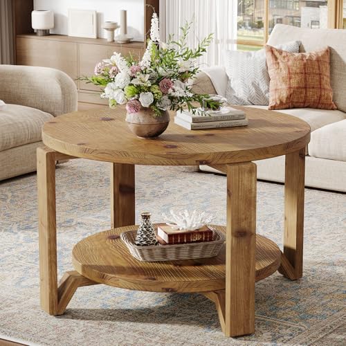 Tribesigns 30" Solid Wood Coffee Table, Round Coffee Table with 2-Tier Storage for Living Room, Farmhouse Circular Centre Accent, Brown Round Solid Wood with Natural Texture Design - Image 3
