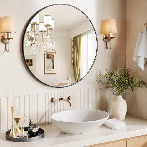 18 Inch Black Round Wall Mirror, Circle Mirror Metal Frame for Bathroom, Vanity, Entryway, Bedroom, Living Room, Wall Mounted Modern Rustic Decor