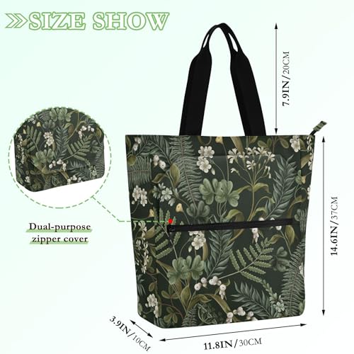 linqin Book Tote Bag for Boys Girls Women, FLOWERs Berries Fern and Leaves Water-resistant Reusable Book Bag Grocery Bag with Zipper for School Shopping Travel2