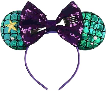 Mouse Ears Headband, Mouse Ears Gift for Women Girls, Sequin Bow Headband Role Play Accessories Party DecorationsMermaid