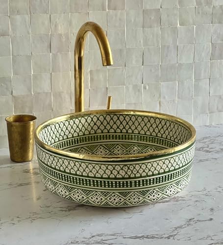 MIRATILE Handmade Ceramic Moroccan Basin Sink, Sink Bowl with Brass Rim Edge, Handwash Countertop Vanity Basin, Farmhouse Bathroom Basin, Hand Painted Wash Basin Sink. (10