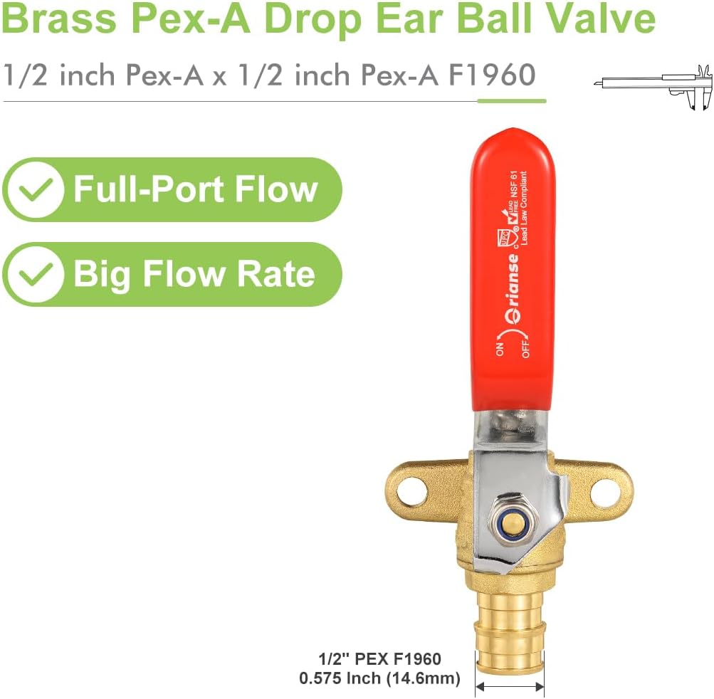 10 Pack 1/2" Pex-A Ball Valve with Drop Ear Heavy Duty Brass Expansion Ball Valve for For Water Supply & Radiant Heating,Lead-Free Brass NSF/ANSI 61 NSF 372 Certificate, ASTM F1960 Certified