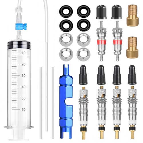 Jeringuilla Tubeless, Jeringuilla para Liquido Tubeless Mtb 60ml Jeringa Inyector Sellador sin Cámara para Ciclismo con Extracción Núcleo Válvula, Núcleo Válvula Francesa Presta, Adaptador, Tapas