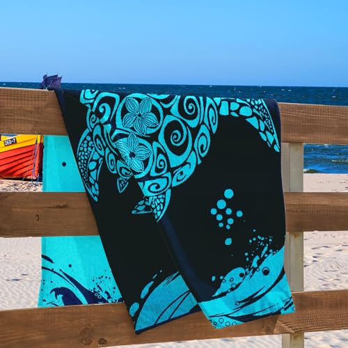 RESTILO Strandtuch groß 90x180 cm Strandlaken 100% Baumwolle Frottee Velours Badetuch Pflegeleicht weich und saugfähig Schnelltrocknendes Strand Handtuch blau dunkelblau Marineblau weiß Turtle