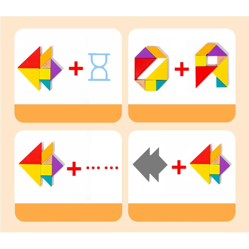 Juego de Rompecabezas Tangram de Madera Montessori | Bloques Patrón Cerebral con Tarjetas de Desafío y Reloj de Arena, Juguete Educativo STEM para Clasificación Formas
