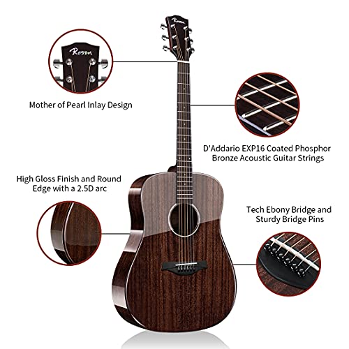 Rosen G31 Dreadnought Acoustic Guitar Black Soild Mahogany Top 41 Inch Guitarra Full Size With Gloss Finish Bundle Starter Kit With Gig Bag, Tuner, Strings, Strap, And Picks #TOP4