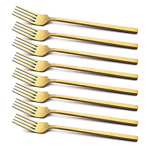 Snplowum 8pcs Square Handle & Classic Dinner Fork, 7.68 Inch Gold Stainless Steel For Home Restaurant, Matte Finish, Salad Dessert Fork For Daily Use