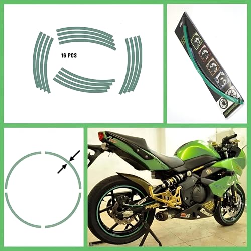 Image of Wheel Rim Fluorescent Adhesive Stickers for Bike & Car | Universal Fit | 16 pcs Strip Set | Waterproof Reflective Rim Tape for Stylish Look & Safety (Green)