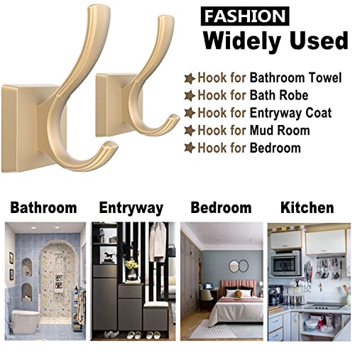 Tofiigrem Gold Wall Hooks Coat Hooks, Heavy Duty Thick Bath Towel Robe Hooks Aluminum Alloy Double Hooks For Hanging Coat Hat Backpack, Sturdy Hooks For Mudroom Entryway Garage(3 Pack, Gold) #TOP5
