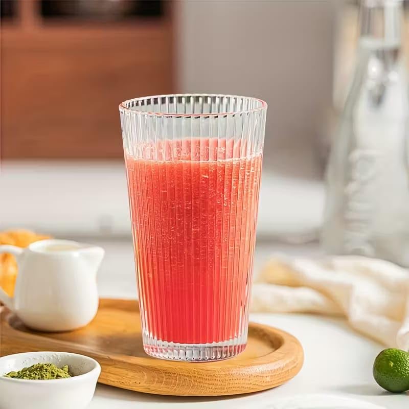 Image of PrimeWorld Ribbed Glass Tumbler Set of 6 - 350ml Striped Highball Glasses for Cocktails, Smoothies, Iced Coffee, Whiskey & Juice | Stylish and Durable Drinking Glasses for Home, Kitchen & Parties