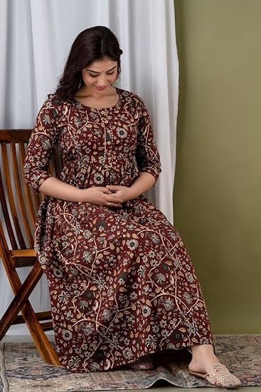 Image of SHAIFALI Fashions Women's Cotton Floral Printed Maternity Feeding Dress Kurti with Zipper