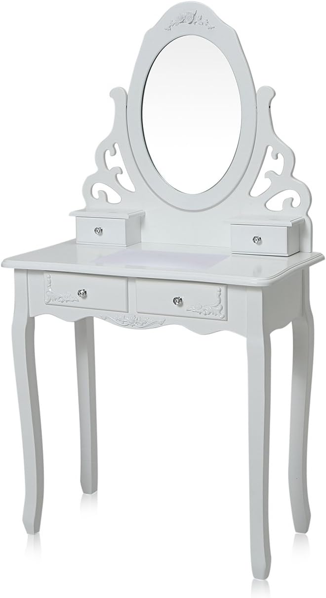 MakikaLED Dressing Table with 12 Bulbs Mirror Set Wooden Vanity Drawer Makeup Dresser Furniture White Chair Bedroom Desk Adjustable Oval Mirror - EMILY