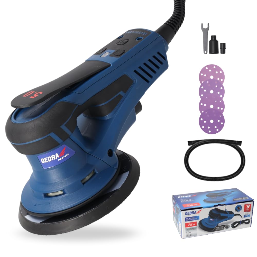DEDRA Ponceuse excentrique 350 W, Ø 150 mm – Sans brosse, vitesse de rotation réglable 4000–10000 tr/min, aspiration de la poussière, design ergonomique avec poignée douce, kit d'accessoires inclus