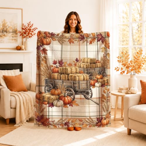 Rustic Farmhouse Harvest Pumpkins Wagon Autumn Throw Blanket 40x50 Inch
