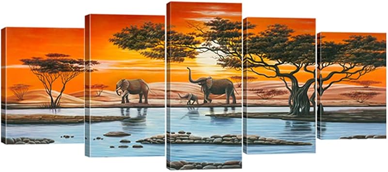 Wieco Art Elephant Family Large Modern 5 Piece Gallery Wrapped African Landscape Giclee Canvas Prints Artwork Animals Paintings Reproduction Pictures on Canvas Wall Art for Bedroom Home Decor L