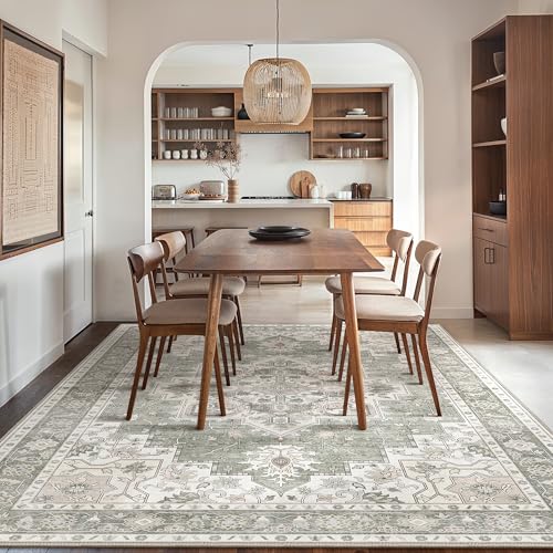 GENIMO 9x12 Area Rugs for Living Room, Non Slip Machine Washable Vintage Rugs, Low Pile Lightweight Chenille Print Large Rug for Bedroom, Dining Room, Home Office, Moonlight
