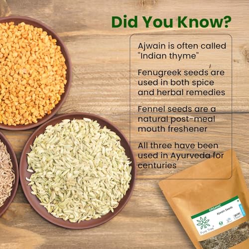 Image of Pure Tree Certified Organic Ajwain 60g, Methi Seeds 100g, Saunf 50g | Glass Jar | Carom, Fenugreek & Fennel | Whole Seeds Vaamu, Methi dana, Variyali Spice Combo Pack